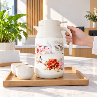 Phích giữ nhiệt Rạng Đông 0900 TS1.E 0,9 lít kem họa tiết hoa – bố trí tại góc làm việc hoặc tiếp khách