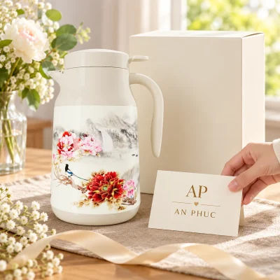 Phích giữ nhiệt Rạng Đông 0900 TS1.E 0,9 lít kem họa tiết hoa – phối bộ quà gia dụng cùng hộp và thiệp
