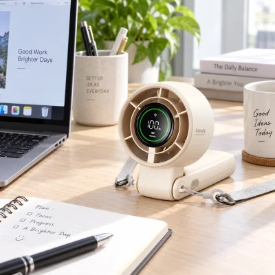 Quạt cầm tay AECOOLY Halo02 PB02-A 5.000 mAh màu kem – gấp tay cầm để cân nhắc dùng tại bàn