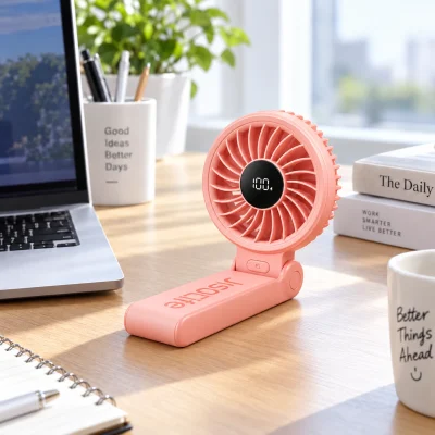 Quạt cầm tay gấp gọn JISULIFE Life7 màu hồng – gợi ý dùng life7 tại bàn làm việc