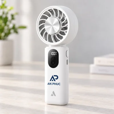 Quạt cầm tay sò lạnh AECOOLY PC01 màu trắng – demo logo ở mảng thân trắng thoáng