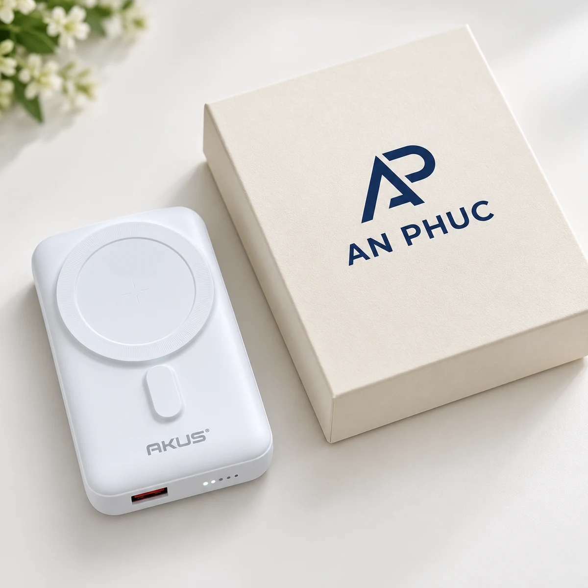 Sạc dự phòng AKUS DP123 màu trắng – mặt hộp rộng để nhận diện dễ nhìn