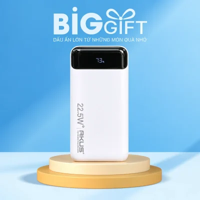 Sạc dự phòng AKUS DP136 10.000 mAh 22,5W màu trắng – dp136 với màn hình và hai dây ở mặt sau