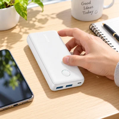 Sạc dự phòng Anker A1223 màu trắng – đặt sạc cá nhân gần điện thoại ở bàn