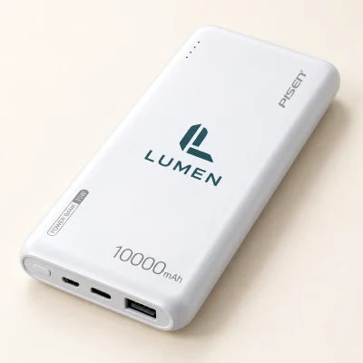 Sạc dự phòng PISEN TP-D094 10.000 mAh 10W trắng – demo logo lớn ở vùng trống giữa mặt trước