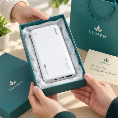 Sạc dự phòng PISEN TP-D094 10.000 mAh 10W trắng – phối hộp quà và thiệp theo màu nhận diện