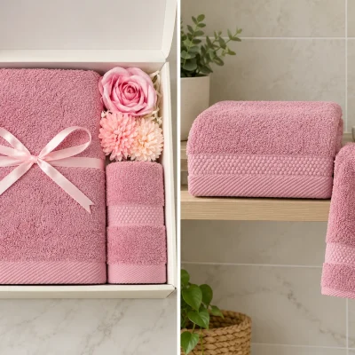 Mô phỏng hai khăn hồng trước và sau mở hộp