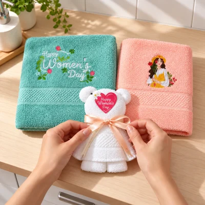 Set 3 khăn xanh hồng gấp gấu trắng kèm hộp và túi – tháo nơ để dùng chiếc khăn gấp gấu