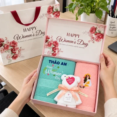 Set 3 khăn xanh hồng gấp gấu trắng kèm hộp và túi – hộp và túi đồng họa tiết ngày phụ nữ