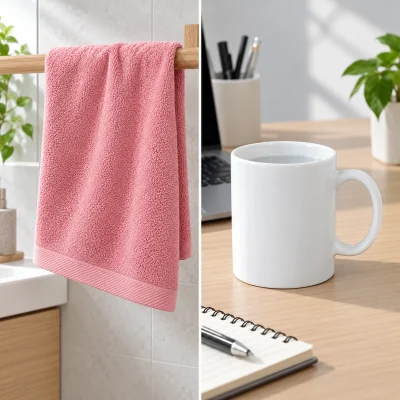 Hai món dùng ở những góc sinh hoạt khác nhau – khăn gội hồng và một cốc