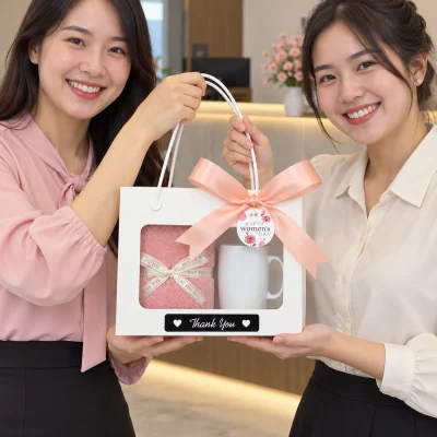 Hộp dây xách cho lần trao quà – khăn gội hồng và một cốc
