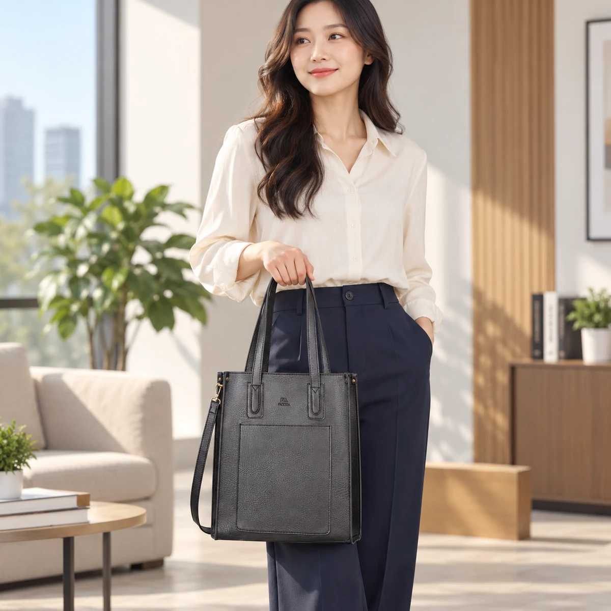 Túi da tổng hợp Fadoda FTX1 đen dáng đứng – hình dung quai dài khi cầm đi làm