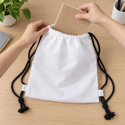 Cảnh mở miệng túi rút canvas trắng dây đen để xếp sổ mỏng