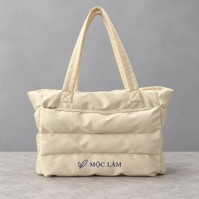 Demo MỘC LÂM xanh navy ở panel thấp túi vải dù kem