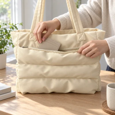 Cảnh cất ví thẻ mỏng vào túi khóa kéo trước của túi kem