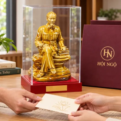 Tượng Bác Hồ ngồi đọc sách men vàng nâu – chuẩn bị lời đề tặng cho dịp gặp mặt