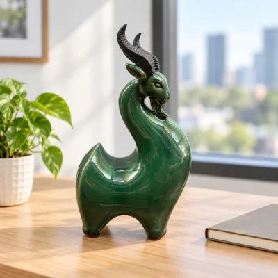 Tượng dê gốm men xanh dáng uốn, cao 22 cm – gợi ý đặt tượng tại bàn làm việc
