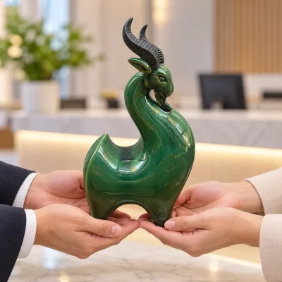 Tượng dê gốm men xanh dáng uốn, cao 22 cm – trao một món quà gốm dễ nhận ra mẫu