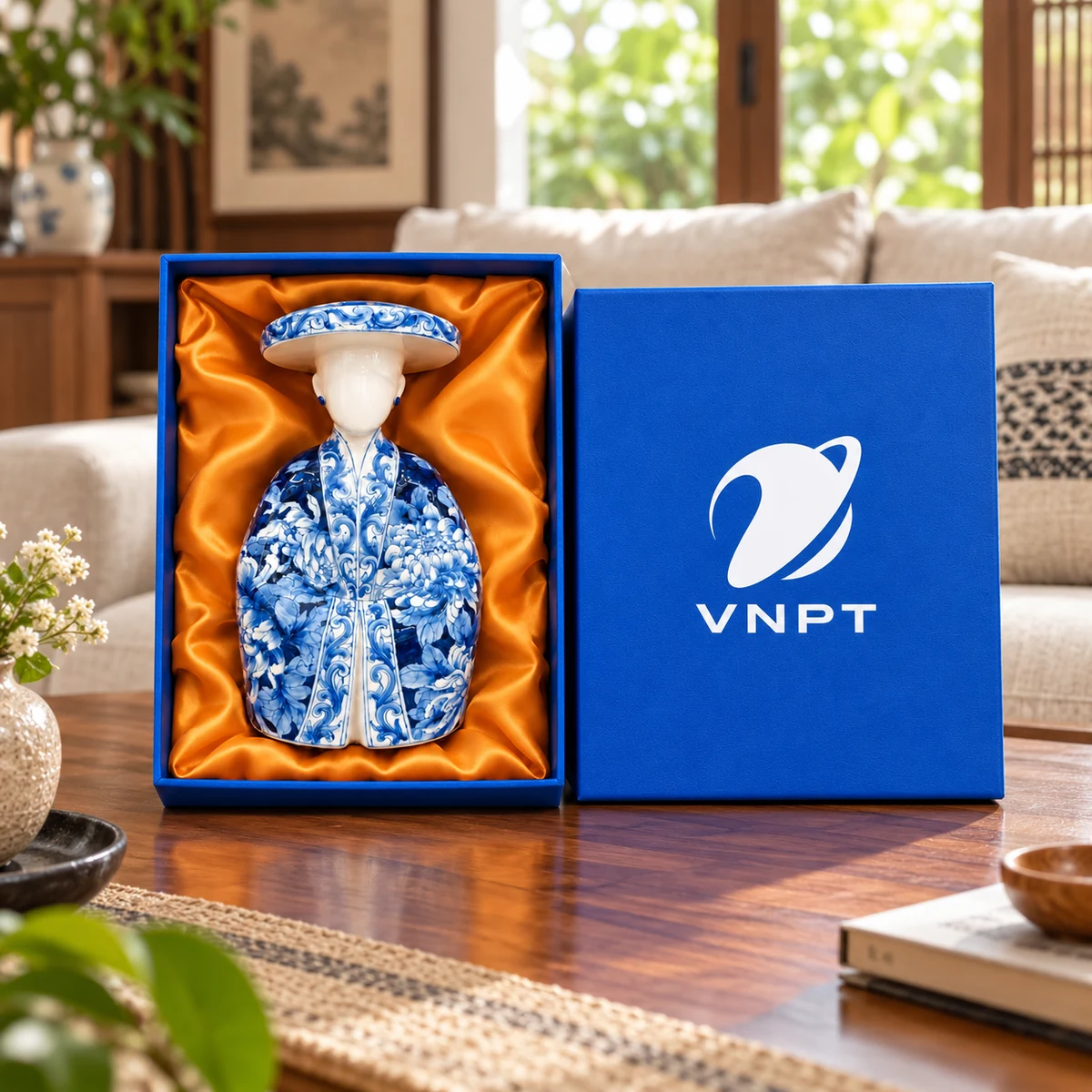 Tượng gốm Ngọc Dung Nhật Bình hoa văn xanh trắng – gợi ý trưng bày trong phòng khách