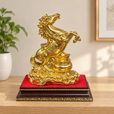 Tượng ngựa dát vàng trên bệ viền hoa văn – đặt tượng trên kệ tiếp khách thoáng