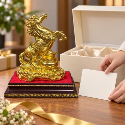 Tượng ngựa dát vàng trên bệ viền hoa văn – chuẩn bị trao quà cùng hộp bảo vệ