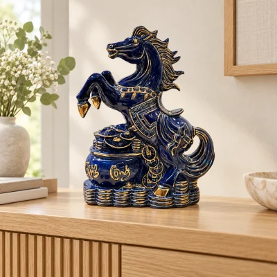 Tượng ngựa Phú Quý men xanh coban vẽ vàng, cao 35 cm – gợi ý trưng bày ở bàn hoặc khu vực tiếp khách