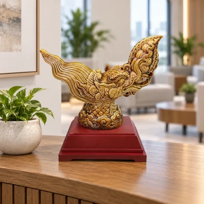 Tượng rồng bay S3 men vàng nâu, 33 × 13 × 23 cm – gợi ý bày tượng ở khu vực tiếp khách