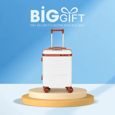 Một vali 20 inch trắng phối đỏ gạch gân ngang trên nền BigGift
