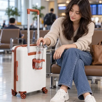 Cảnh đặt chai nước vào khay phía sau vali trắng phối đỏ gạch