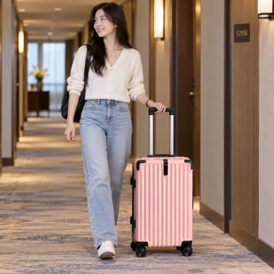 Cảnh di chuyển với vali hồng 20 inch tại hành lang khách sạn