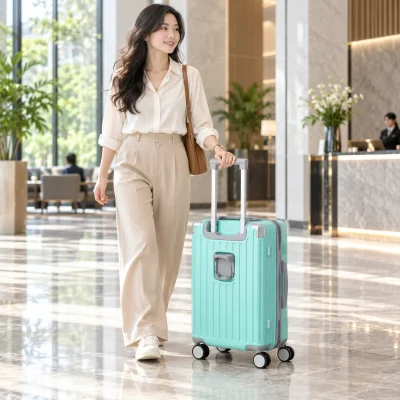 Vali kéo 20 inch xanh ngọc gân dọc phối xám – hình dung chiếc vali trong nhịp di chuyển