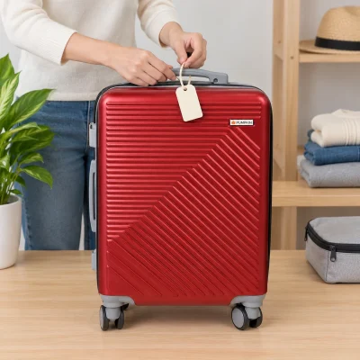 Cảnh gắn thẻ trơn vào tay cầm trên của vali đỏ cỡ 20 inch