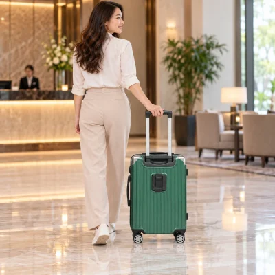 Vali kéo ABS 20 inch xanh lá góc kim loại – hình dung chiếc vali khi kéo đi
