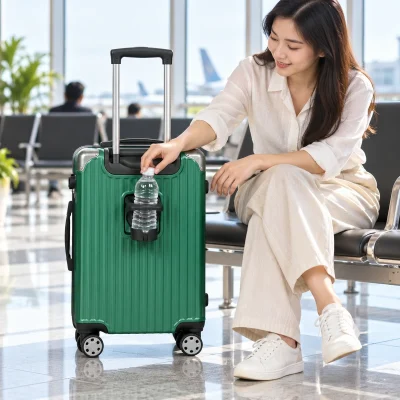 Vali kéo ABS 20 inch xanh lá góc kim loại – lấy chai nước khi dừng nghỉ