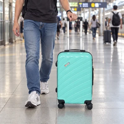Cảnh kéo vali xanh ngọc cỡ 20 inch trên hành lang nhà ga