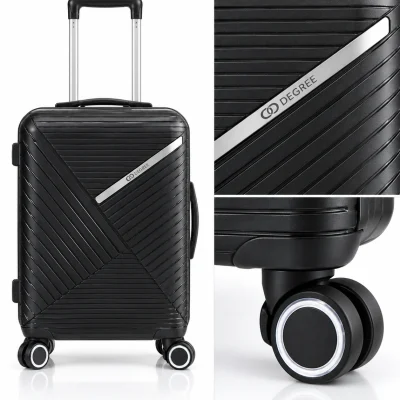 Vali kéo PP 20 inch đen gân chéo phối thanh kim loại – so chi tiết vỏ và bánh xe